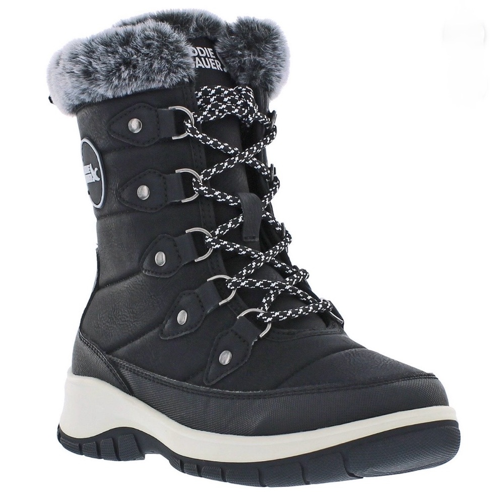 Eddie Bauer Black Faux-Fur Trim Lace-Up Winter Boot